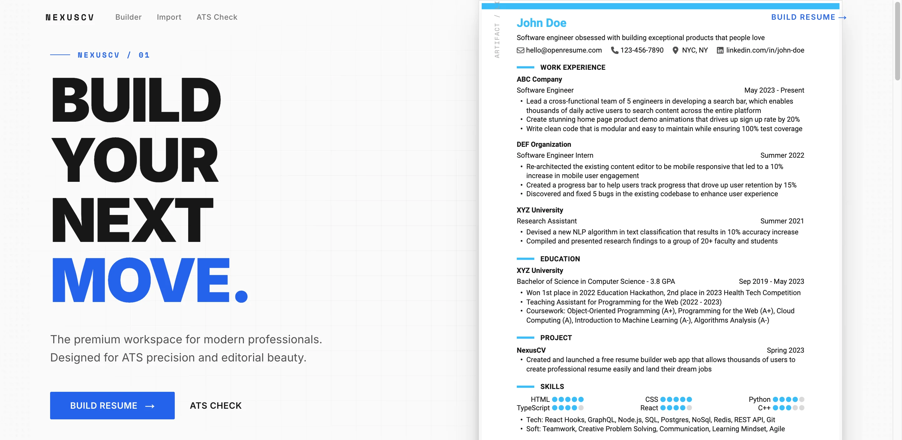 NexusCV Resume Builder Application Interface